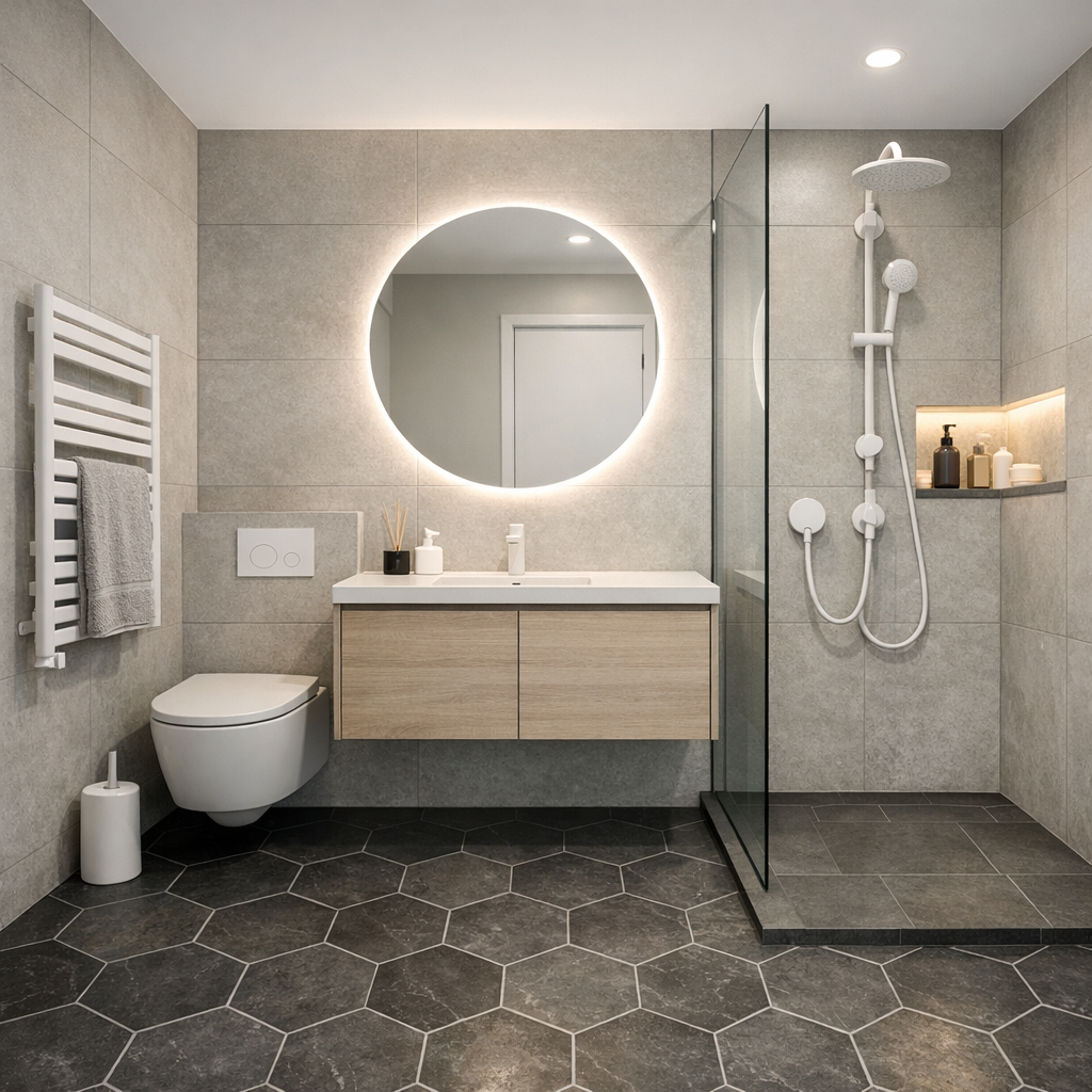 Realistic interior photo of a contemporary bathroo