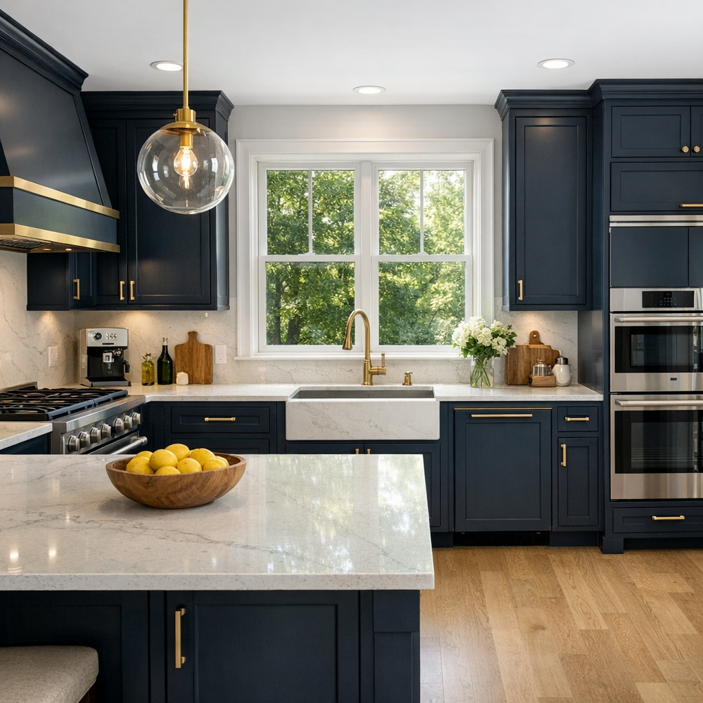 Realistic interior photo of a luxury kitchen, dark