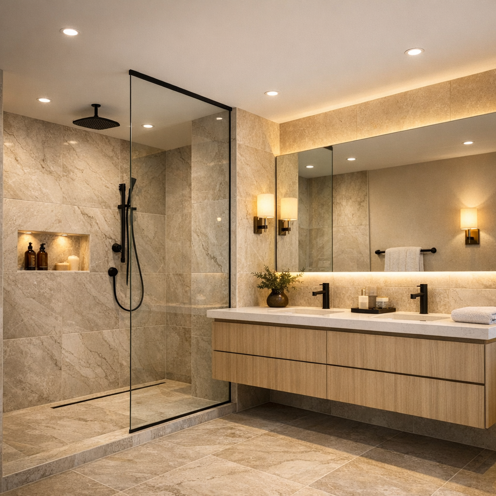 Realistic interior photo of a luxury renovated bat